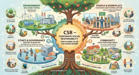 Infographic minh họa trách nhiệm xã hội của doanh nghiệp (CSR) qua bốn lĩnh vực: bảo vệ môi trường, người lao động, cộng đồng và đạo đức quản trị, hướng đến phát triển bền vững.