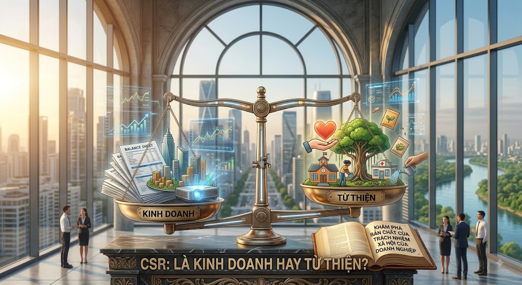 An illustration of a balance scale representing business and charity, highlighting the role of corporate social responsibility (CSR) in balancing business interests with social value.