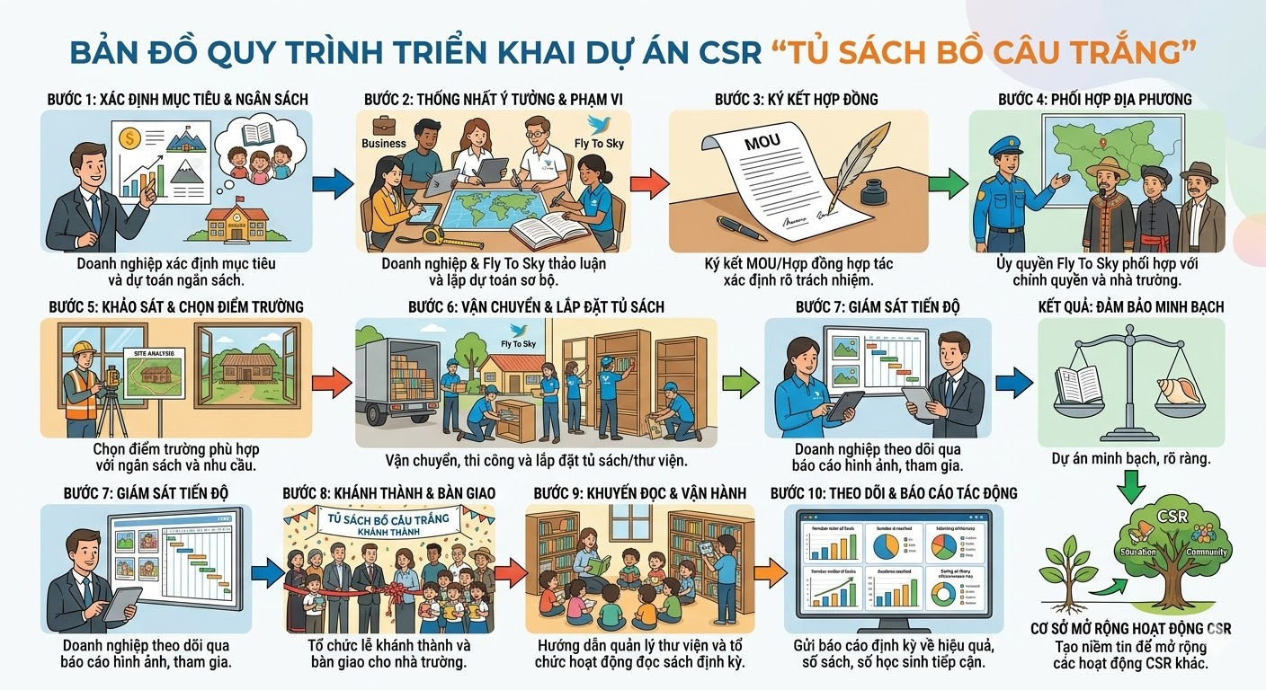 Quy trình triển khai dự án CSR "Tủ sách Bồ câu trắng"