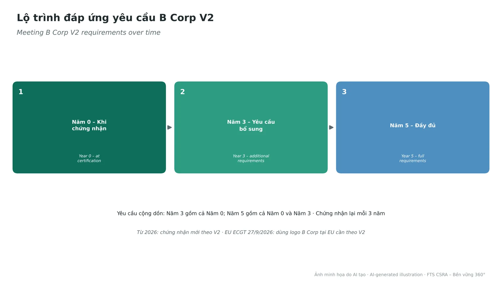 The cumulative Year 0 – Year 3 – Year 5 requirement pathway in B Corp V2.