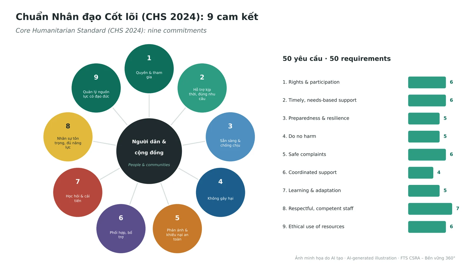 The nine CHS 2024 commitments centred on people and communities, with the number of requirements for each.