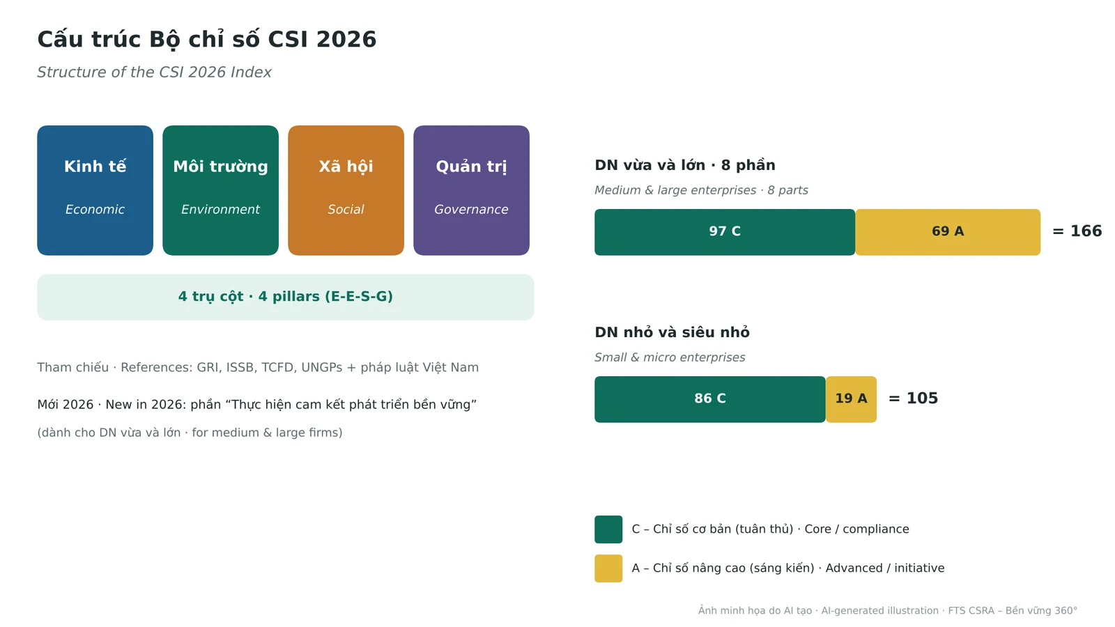 Structure of the CSI 2026 Index: four pillars and the share of core vs. advanced indicators in the two versions.