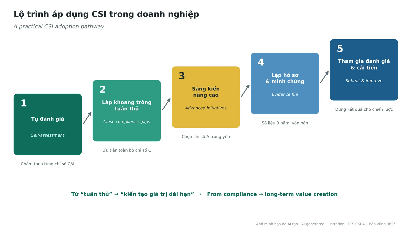 A five-step pathway for applying CSI in a company, from self-assessment to continual improvement.