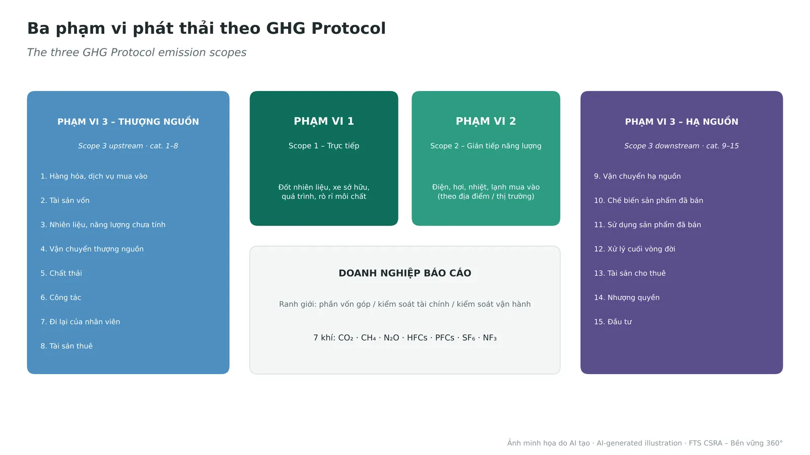 Scopes 1, 2 and the 15 Scope 3 categories under the GHG Protocol.