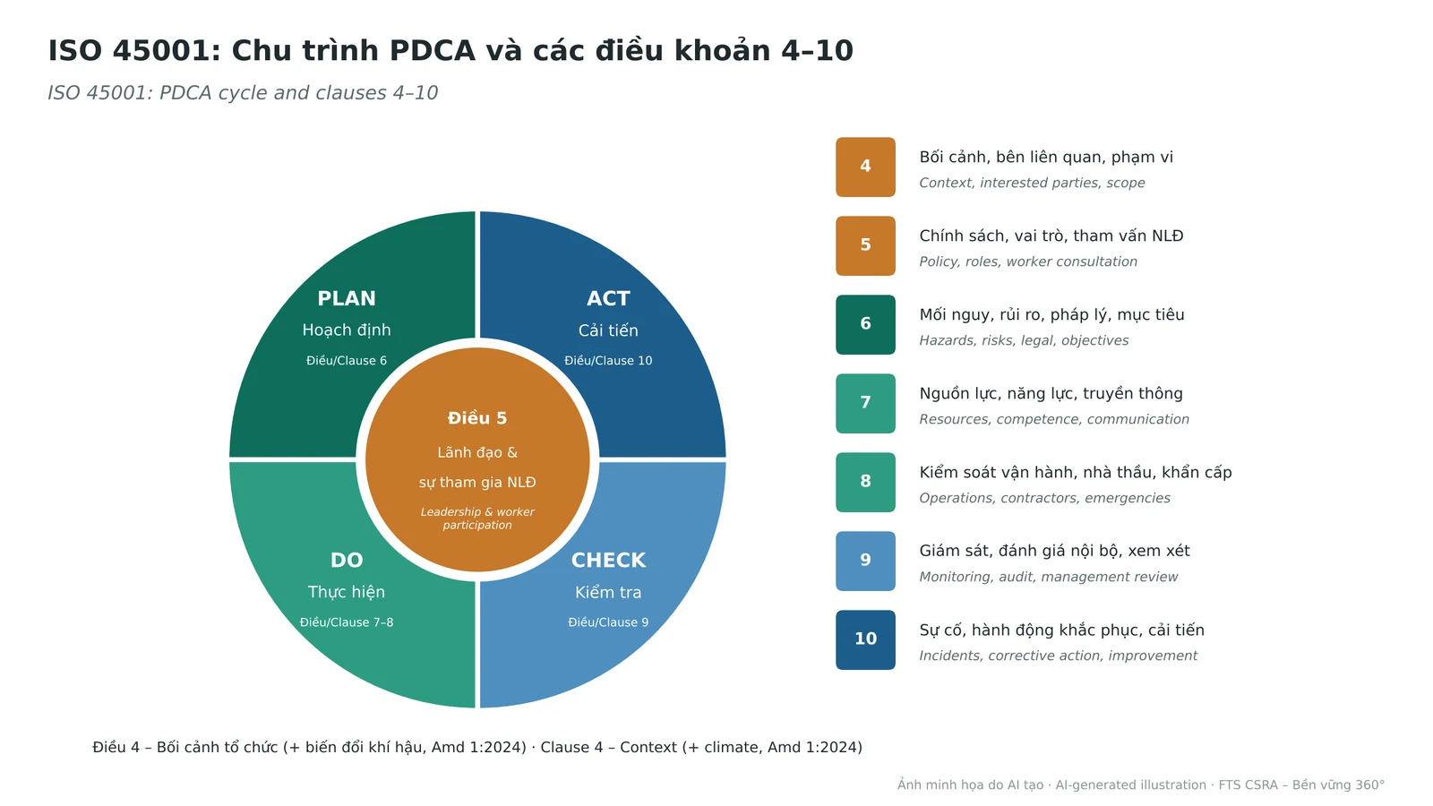 The ISO 45001 PDCA cycle with leadership and worker participation at its core.