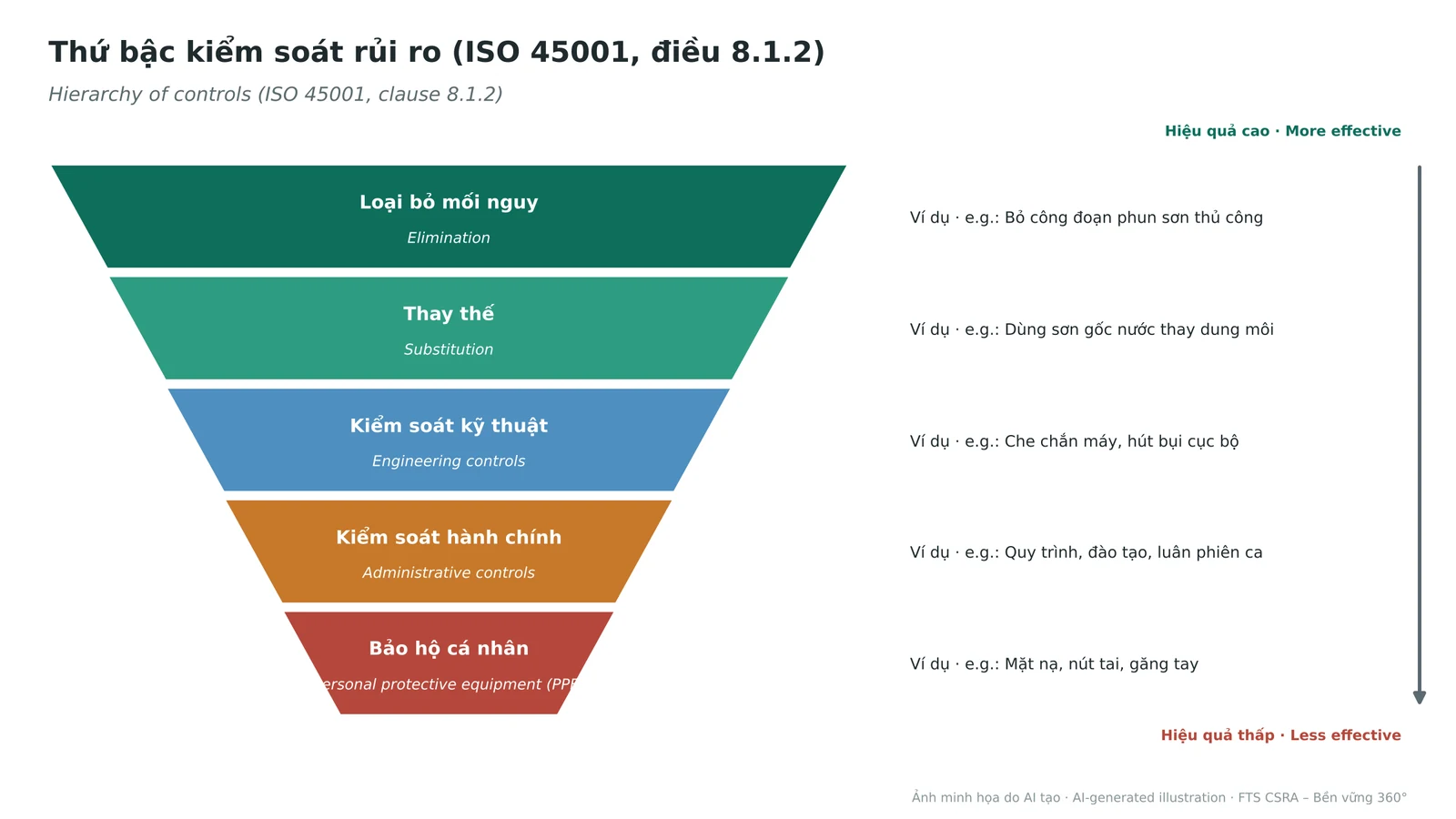 The ISO 45001 hierarchy of controls: eliminate hazards first; PPE is the last line of defence.