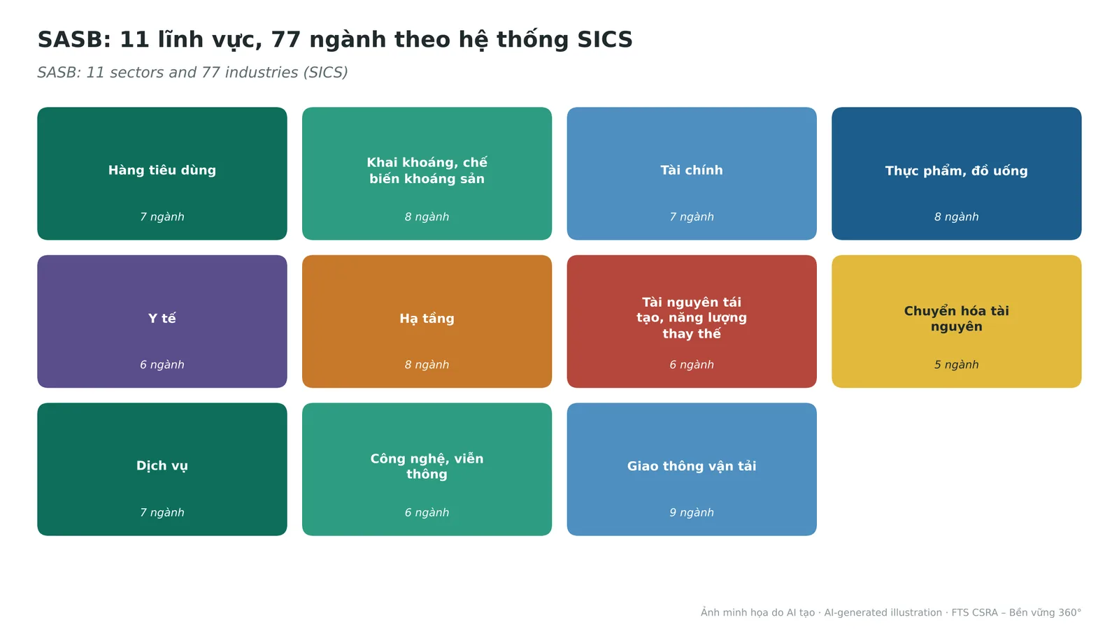 The 11 sectors and 77 industries of the Sustainable Industry Classification System (SICS).