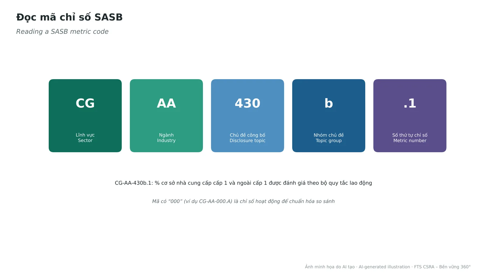 Anatomy of a SASB metric code: sector – industry – topic – group – number.