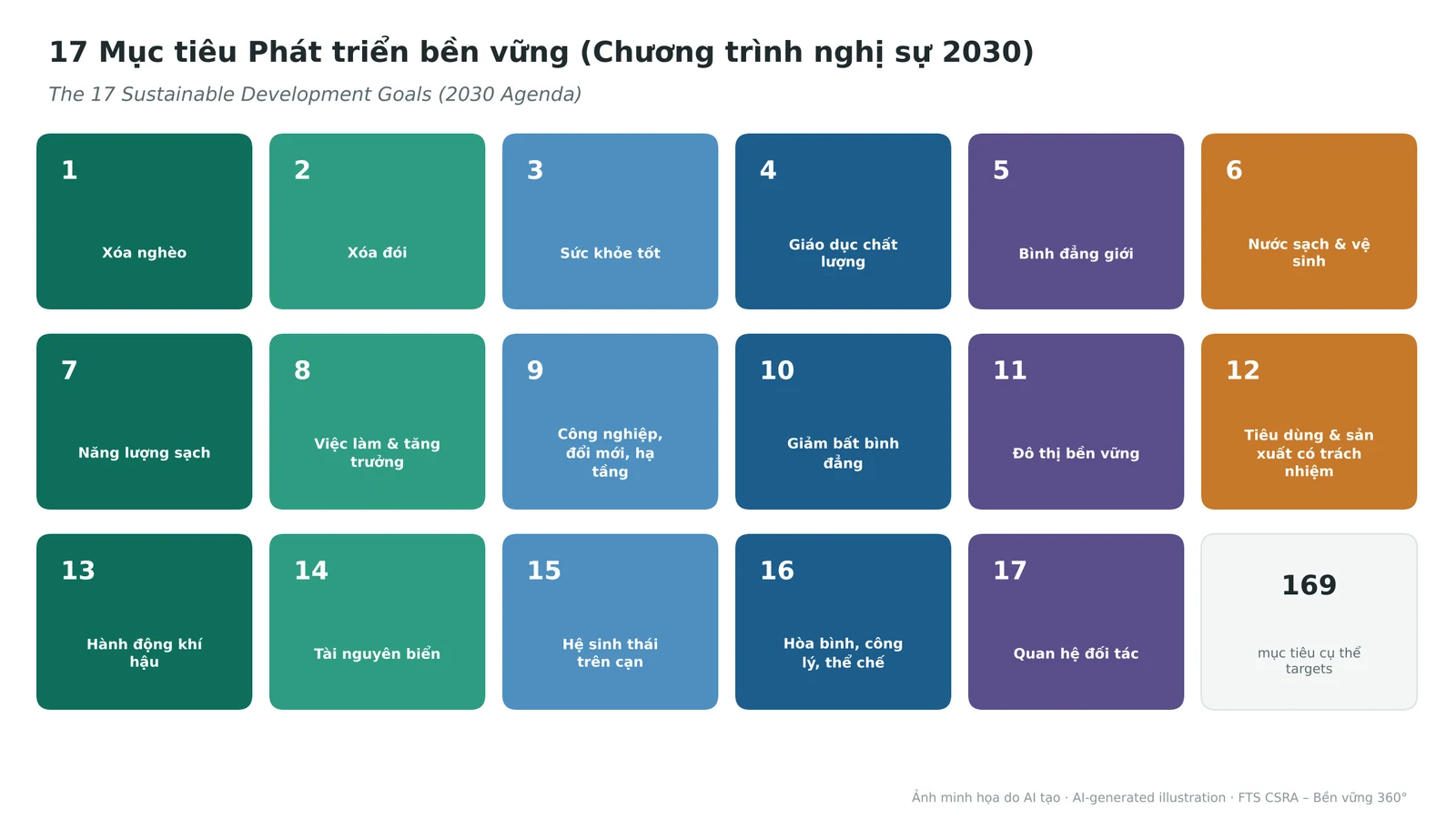The 17 Sustainable Development Goals and 169 targets (neutral palette, not the official icons).