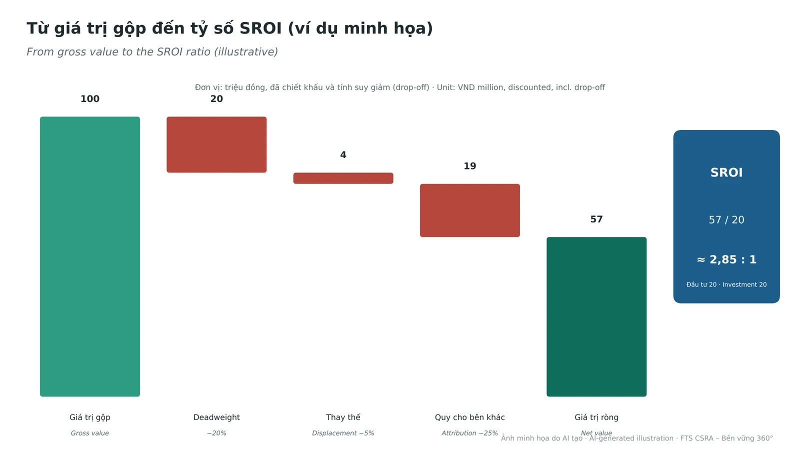 Illustrative example: from gross value, deducting adjustments to reach net value and the SROI ratio.