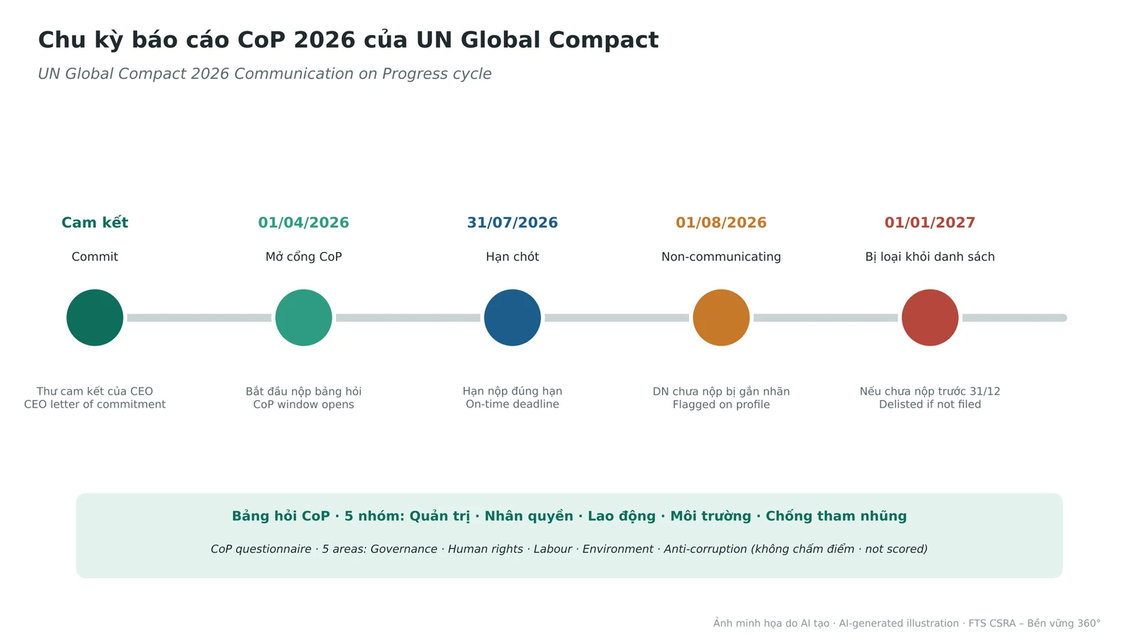 Key dates of the 2026 Communication on Progress cycle and the five areas of the questionnaire.