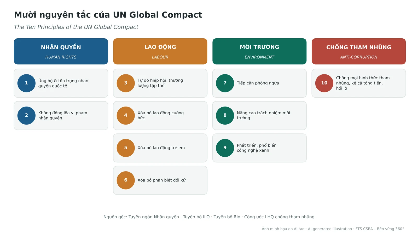 The UN Global Compact's Ten Principles across four areas: human rights, labour, environment and anti-corruption.